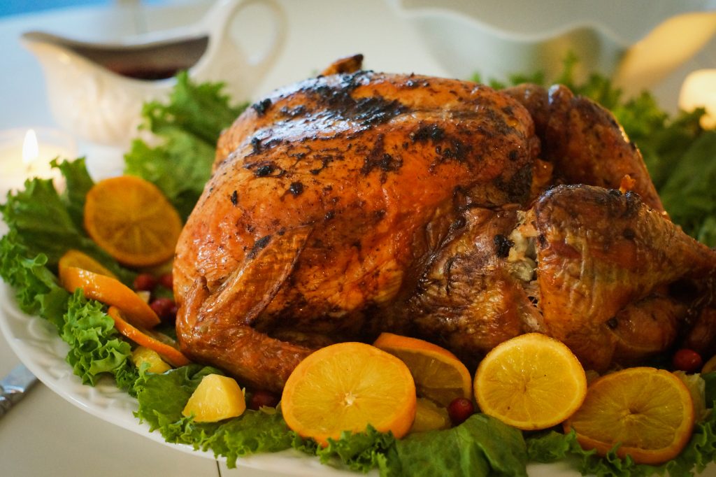 Turkey with leaves and oranges for christmas and thanksgiving